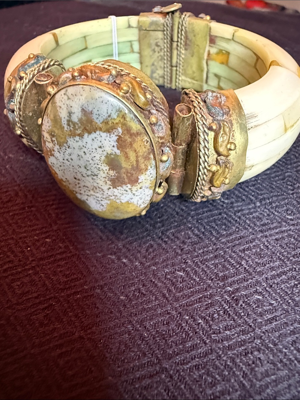 Vintage Ivory bone and brass Bangle Bracelet with agate stone